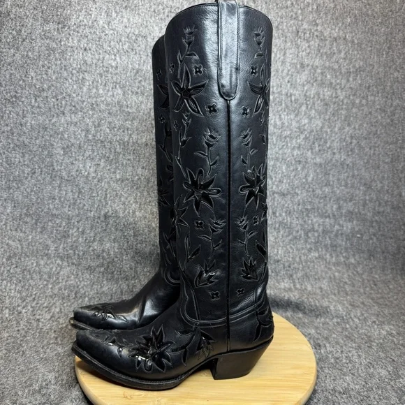 Liberty Boot Co Black Leather Cowboy Boots Sz 7B Tall Floral Cutout Western - Picture 2 of 15